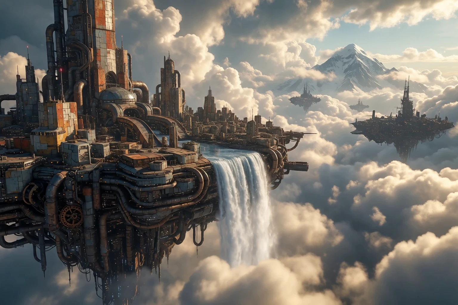 An immense flying city above golden clouds, with waterfalls and a distant mountain peak
