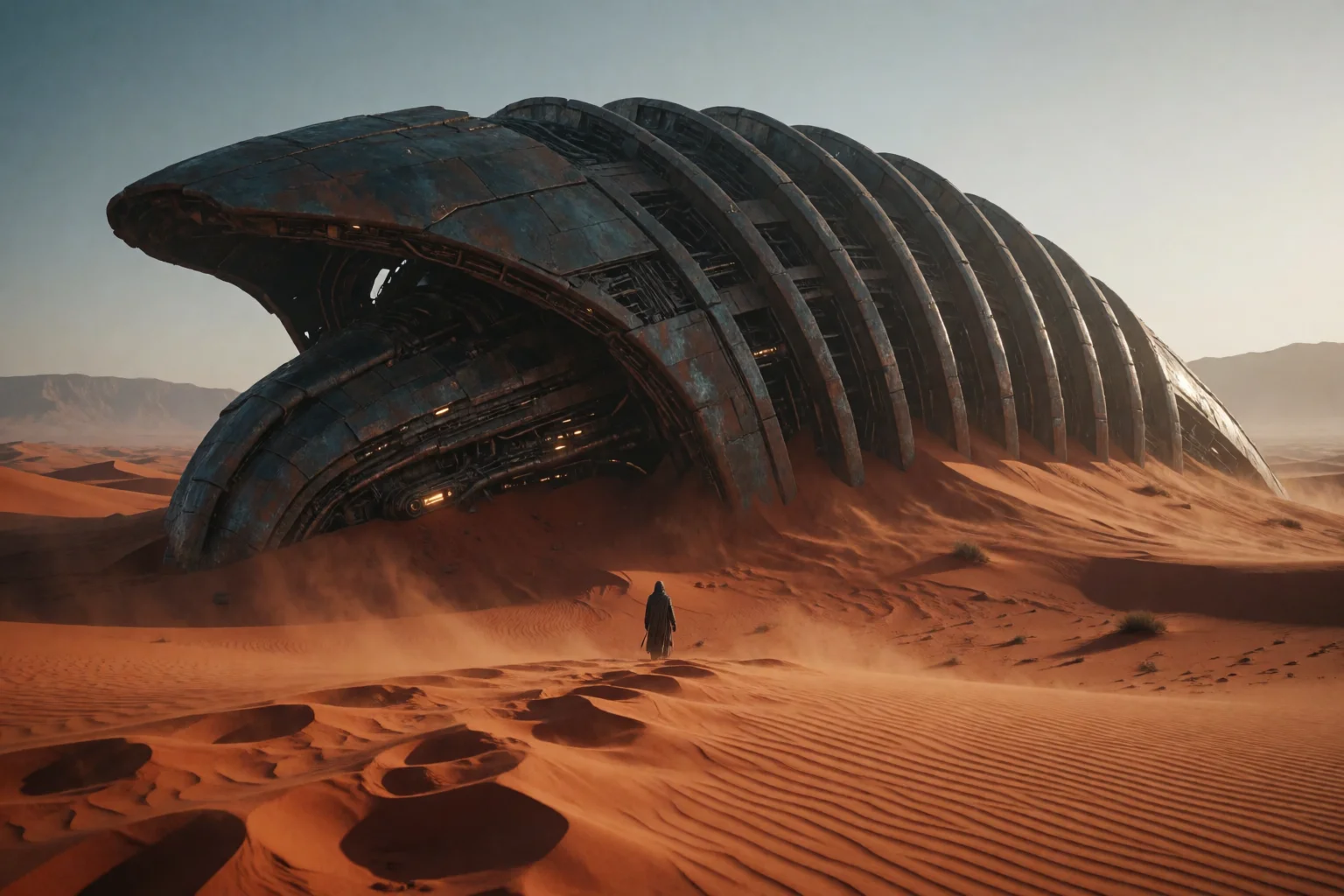 A colossal ribbed spacecraft half buried in red desert dunes beside a lone traveler