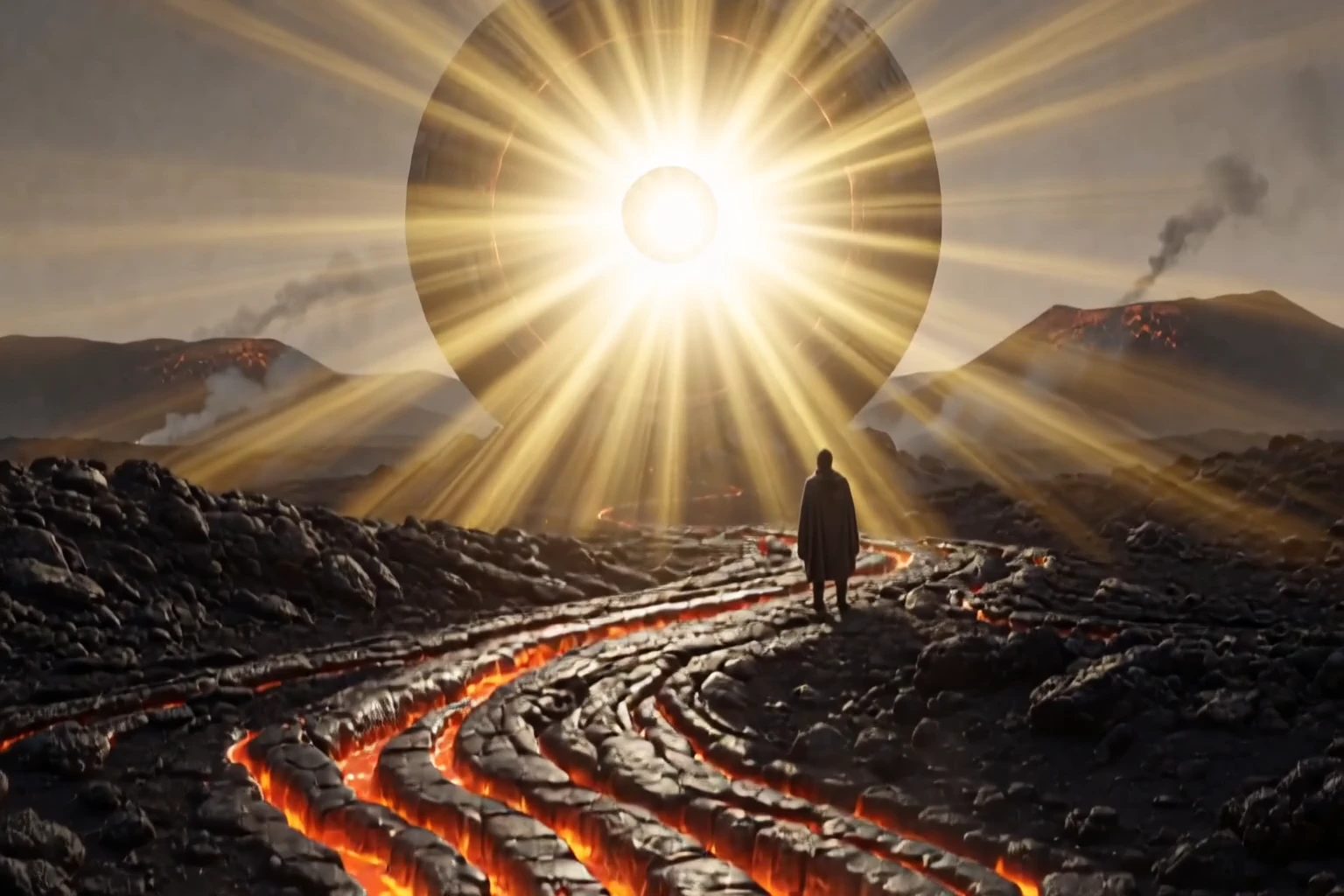 Golden sunrays streaming through a volcanic portal over rivers of molten lava