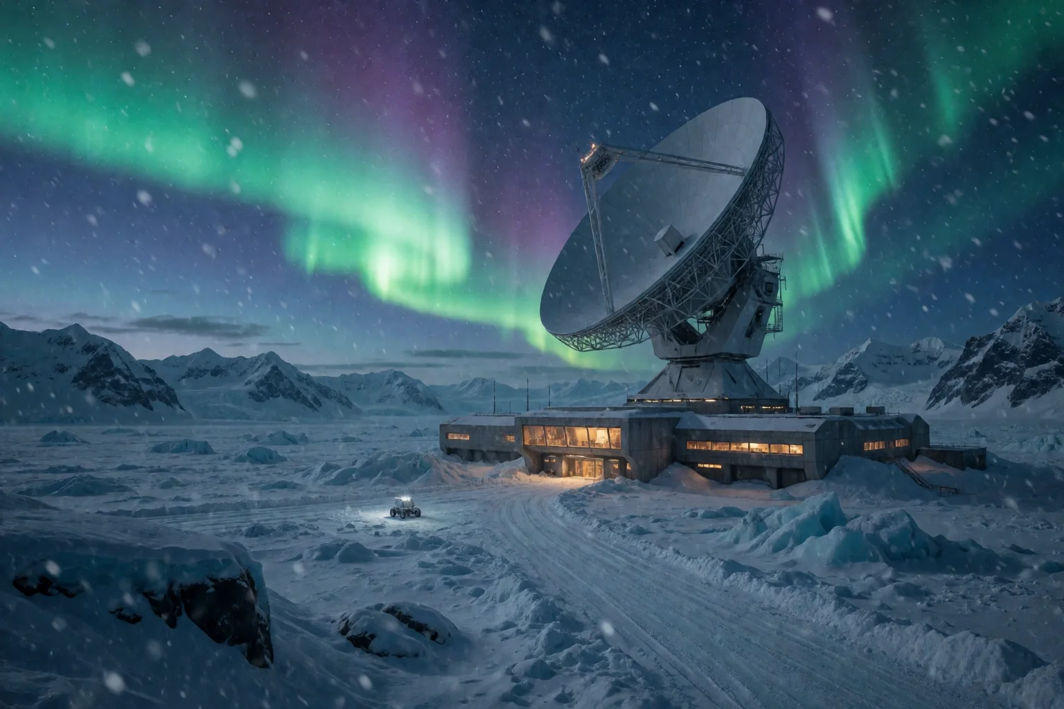 An Arctic observatory and radio telescope beneath green and violet aurora